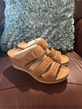 New Soft Comfort Tan Wedge Slide Sandals - Comfortable Laser-Cut Straps